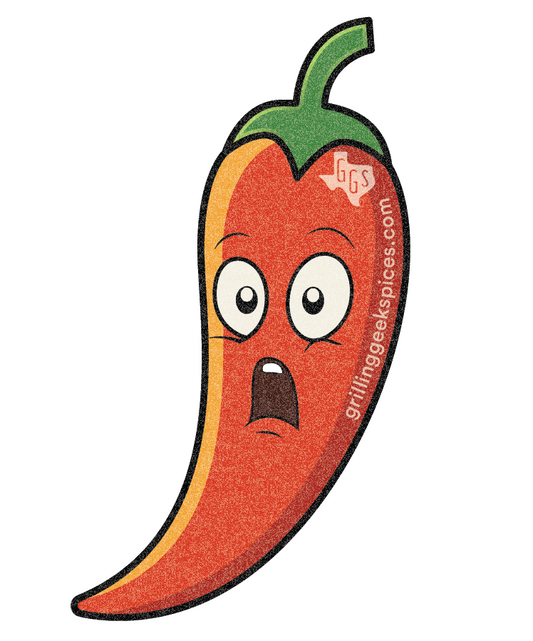 Cartoonish red chili pepper with a surprised expression on a white background, featuring the brand 'GrillingGeekSpices.com'.