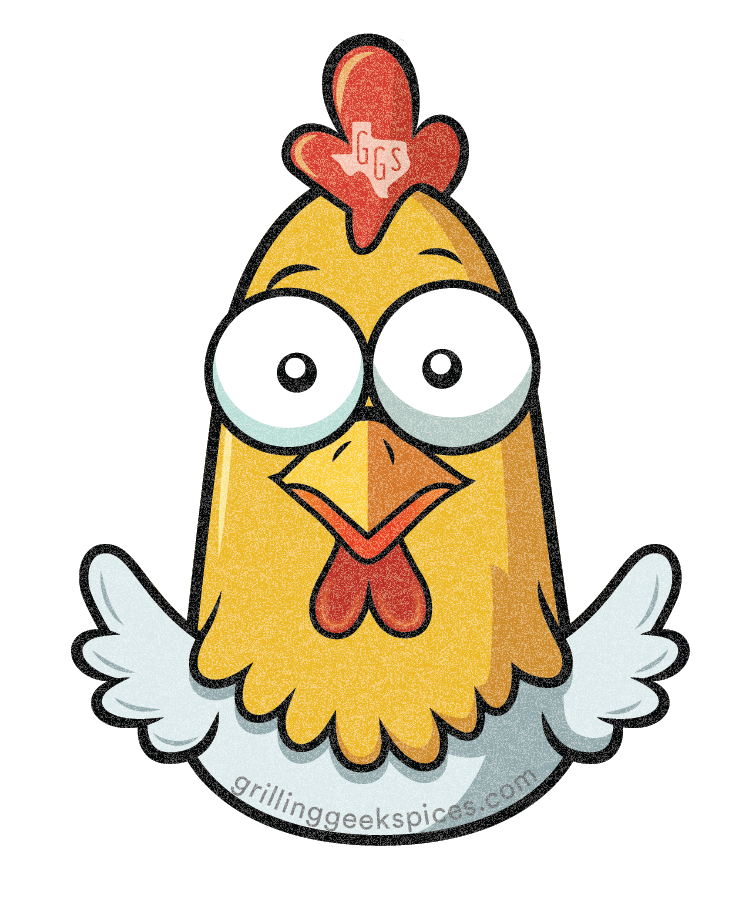 Cartoon chicken with a red hat on a white background