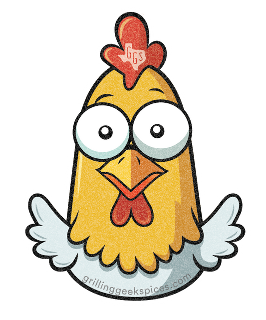 Cartoon chicken with a red hat on a white background