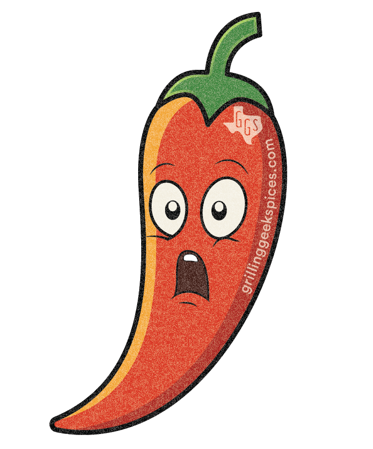 Cartoonish red chili pepper with a surprised expression on a white background, featuring the brand 'GrillingGeekSpices.com'.
