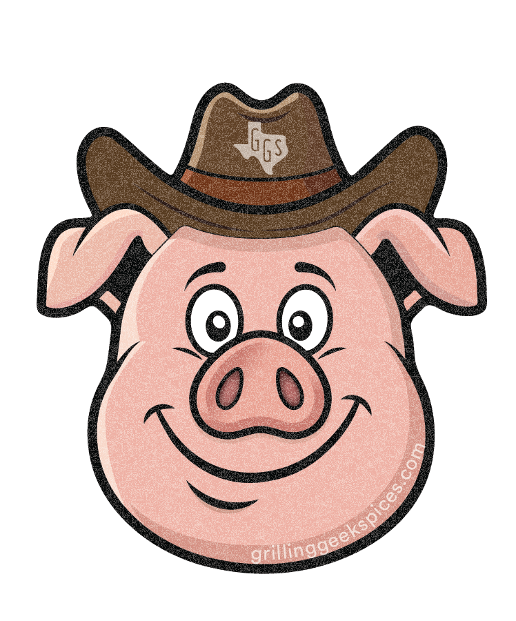 Cartoon pig wearing a cowboy hat with 'GrillingGeekSpices' logo on a white background