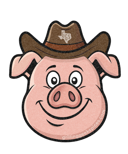Cartoon pig wearing a cowboy hat with 'GrillingGeekSpices' logo on a white background