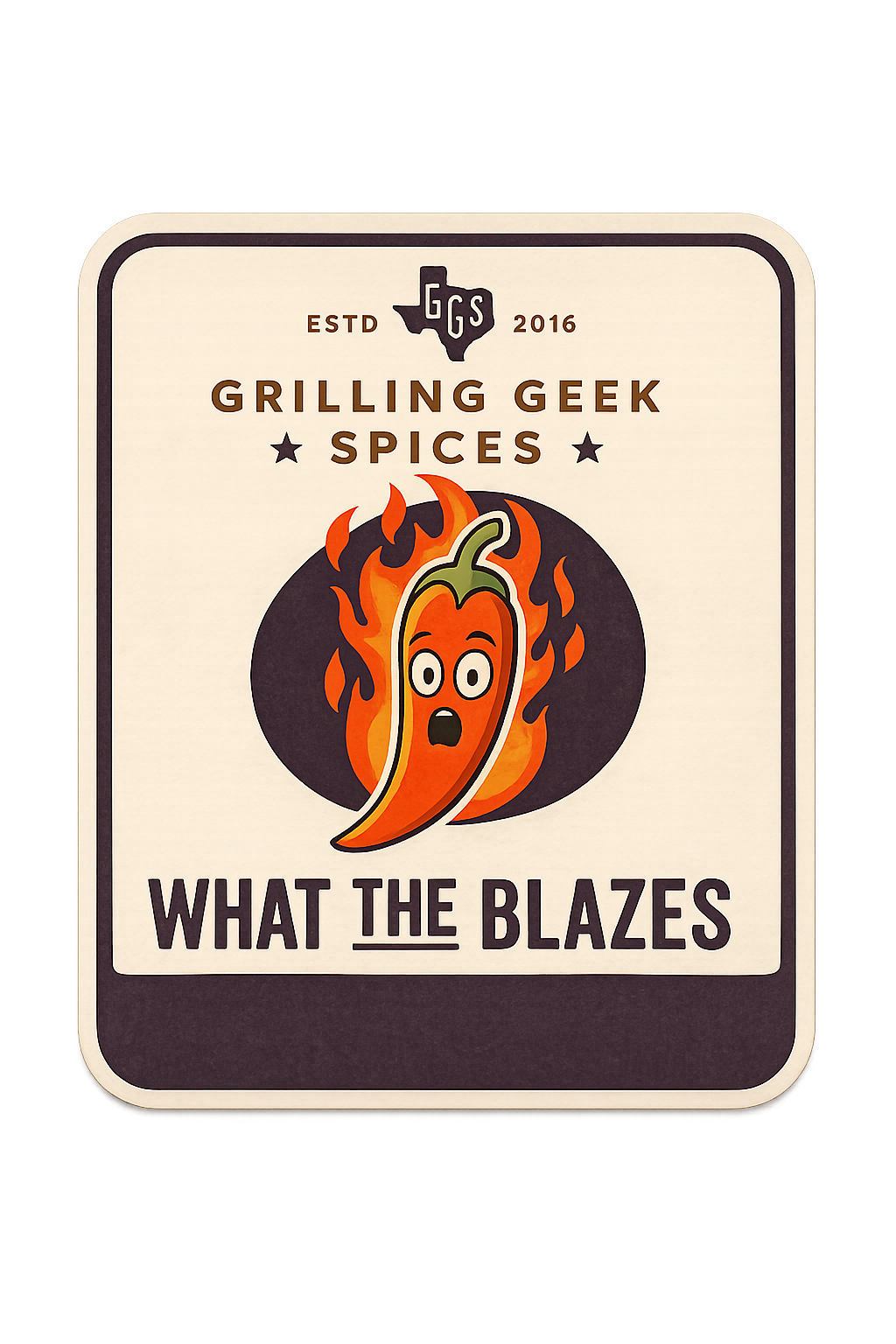 Grilling Geek Spices label with a chili pepper graphic on a beige background