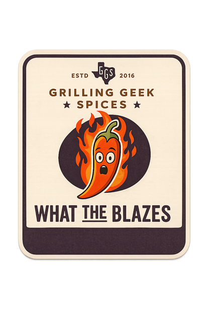 Grilling Geek Spices label with a chili pepper graphic on a beige background
