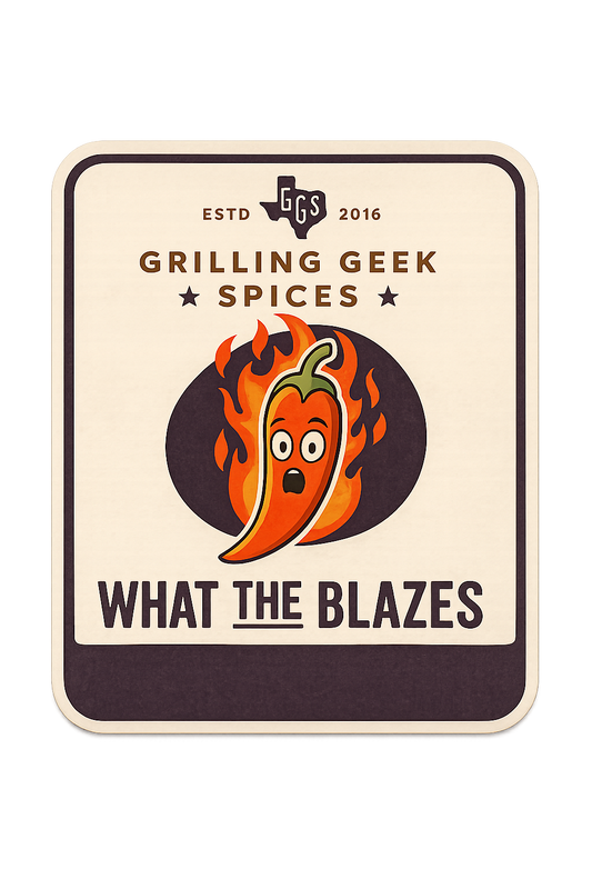 Grilling Geek Spices label with a chili pepper graphic on a beige background